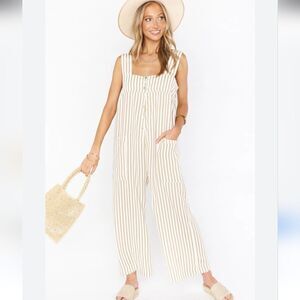 New Show Me Your Mumu Round Around Jumpsuit Everyday Beige Striped Size Large